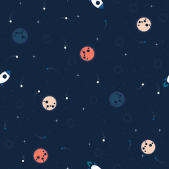 Space exploration seamless pattern vector background. Cute hipster retro style design template with Moon, Mars planet, Rocket and Stars