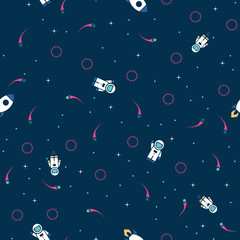 Space exploration seamless pattern vector background. Cute hipster retro style design template with Astronaut, Rocket and Stars