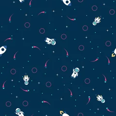 Wallpaper murals Cosmos Space exploration seamless pattern vector background. Cute hipster retro style design template with Astronaut, Rocket and Stars