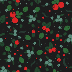 Wild forest berries and flowers vector seamless pattern. Retro style floral background, cute vintage template for wrapping paper, web design, patchwork, sewing or sheet fabric