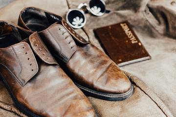 Brown leather accessories, shoes strap.