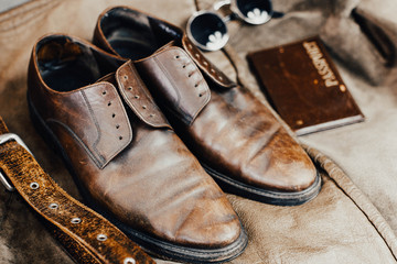 Brown leather accessories, shoes strap.