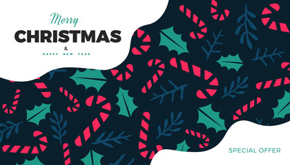 Christmas or New Year commercial banner background with candies, and forest leaves retro style vector winter design