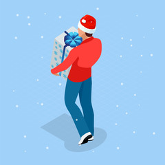 Isometric Online Christmas Shopping. Delivery man in Santa Claus hat with Christmas present. Delivery man with boxes. Express Christmas shipping.