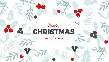 Christmas and New Year commercial banner background with wild forest leaves and berries retro style vector winter design