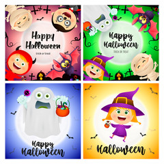 Happy Halloween pink, orange banner set with ghost, mummy, bat. Halloween, October, trick or treat. Lettering can be used for greeting cards, invitations, announcements