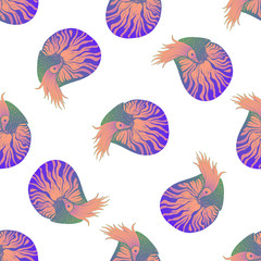 Seamless pattern with colorful nautilus animals, isolated on white background.