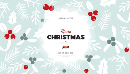 Christmas and New Year commercial banner background with wild forest leaves and berries retro style vector winter design