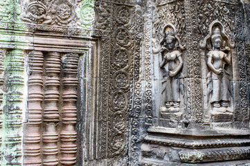 detail view of the engravings of banteay kdei temple at angkor wat temple complex