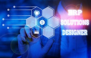 Handwriting text writing Erp Solutions Designer. Conceptual photo elegant optimized modularised and reusable possible Woman wear formal work suit presenting presentation using smart device