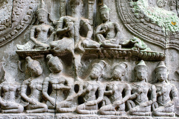 detail view of the engravings of banteay kdei temple at angkor wat temple complex