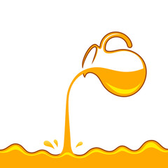 Honey is pouring from jug. Golden yellow realistic