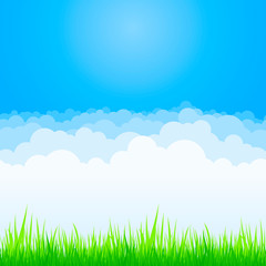 Fototapeta na wymiar Clouds on blue sky with green grass background. Vector flat air white cloud cartoon on sky horizon