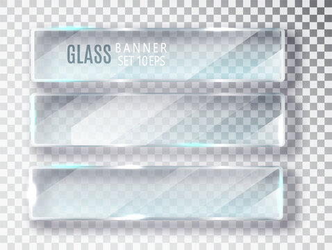 Glass transparent banners set. Vector glass plates with a place for inscriptions isolated on transparent background. Flat glass. Realistic 3D design. Vector transparent object 10 eps