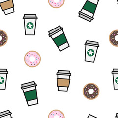 Vector seamless pattern of coffee cups and donuts on a white background.