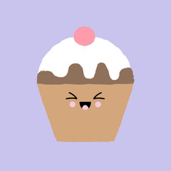 Vector illustration of a kawaii cupcake with icing and a happy face.