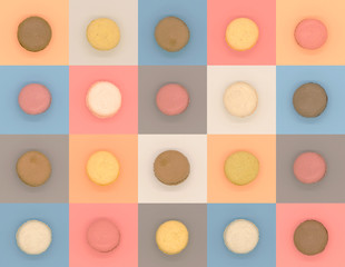 collage of assorted macaroons on various colored background