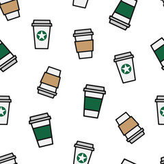 Vector seamless pattern of coffee cups on a white background.