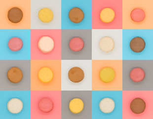 collage of assorted macaroons on various colored background