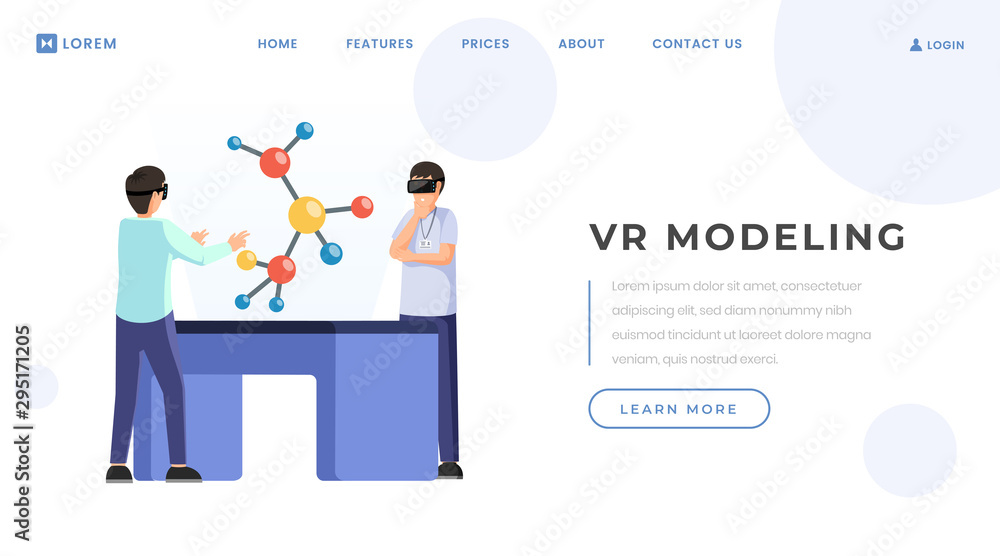 Poster vr modeling landing page vector template. modern science and technology innovation website homepage 