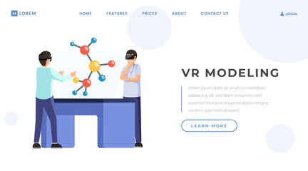 VR modeling landing page vector template. Modern science and technology innovation website homepage interface idea with flat illustration. Virtual reality research web banner cartoon concept