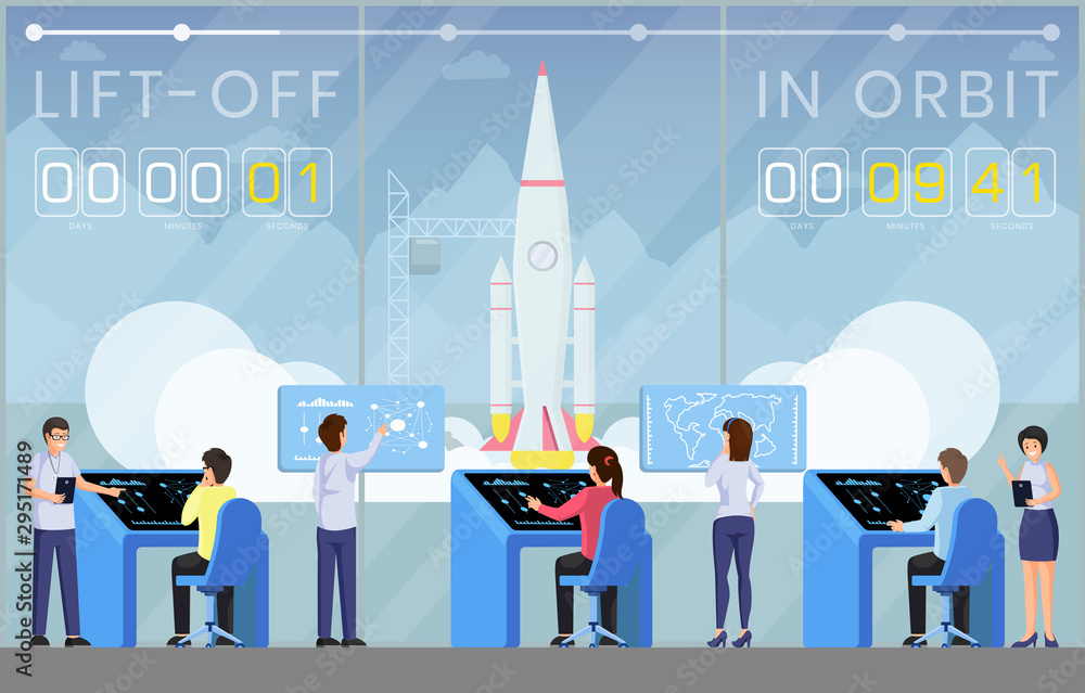 Poster spaceship launch countdown flat vector illustration. ground control center workers, engineers team c