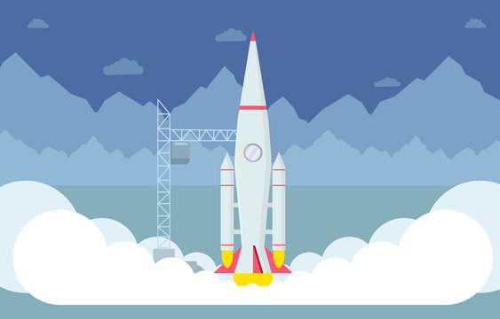 Rocket taking off flat vector illustration. Spaceship takeoff testing, space exploration program, interstellar expedition launch. Modern spacecraft, flying rocketship and mountains silhouette