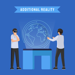 Additional reality social media banner template. Business and education innovation, modern technology. Colleagues wearing AR glasses, men in VR headsets flat vector illustration with typography