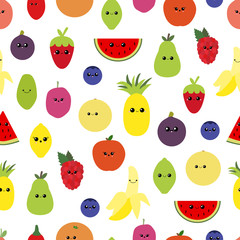 Vector seamless pattern of a mixture of fresh fruit with cute faces.