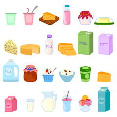 Dairy products, milk, cheese, yogurt, cottage cheese, butter and ice cream. Healthy food. Vector illustration 