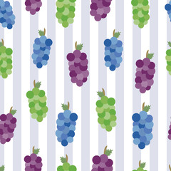 Vector seamless pattern of bunches of grapes on a blue vertical striped background.