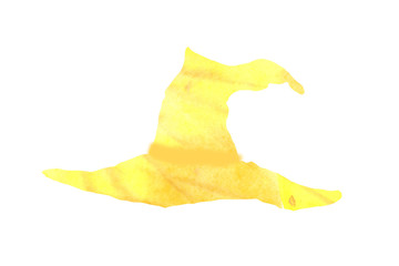 Fototapeta premium Yellow silhouette of a witch's hat on a Halloween holiday. Watercolor hand drawn illustration