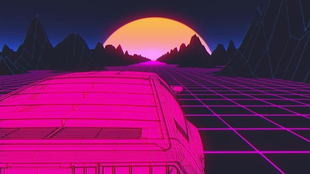 Retro futuristic seamless animation of a car with a sun in the background