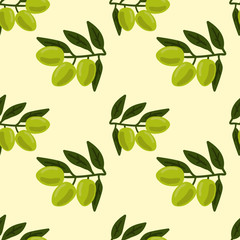 Green olive branch with berries and leaves seamless pattern. Vegetables background. Vector illustration.  