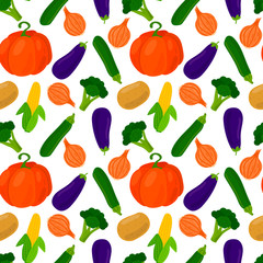 Vegetables seamless pattern. Pumpkin and onion, potato and corn, broccoli and zucchini, eggplant. Vector illustration.