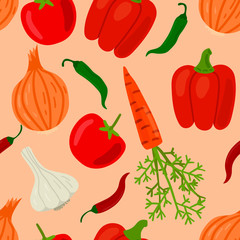 Vegetables seamless pattern. Onion and peppers, garlic and carrot, tomato and chilli pepper. Vector illustration. 