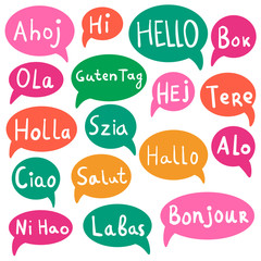 Hello, Hi with speech bubbles on different languages. Translation concept. Hand drawn icons isolated on white background.  Vector illustration. 