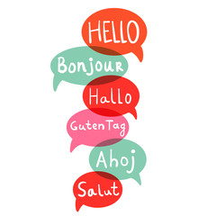 Words hello with speech bubbles on different languages. Hand drawn text isolated on white background.  Vector illustration.  © _aine_