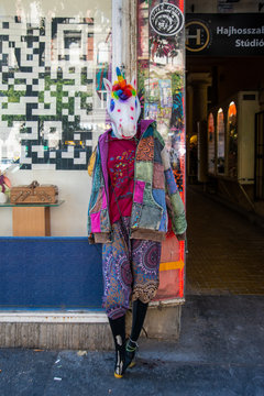 Budapest, Hungary - October 01, 2019: Boutique with masquerade mask in Budapest.