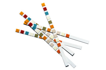Water purity test strips, measurement of water quality. Isolated on white background. Five...