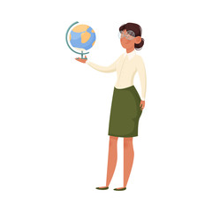 A school teacher in glasses holds the globe. Vector illustration isolated on white background