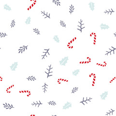 Christmas or New Year seamless pattern background with candies, and forest leaves retro style vector winter design