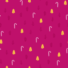 Christmas or New Year seamless pattern background with candies, and forest leaves retro style vector winter design