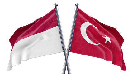 3d rendered illustration of Turkey and Indonesia Relationship flag with white background