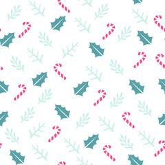 Christmas or New Year seamless pattern background with candies, and forest leaves retro style vector winter design
