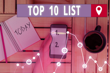 Writing note showing Top 10 List. Business concept for the ten most important or successful items in a particular list