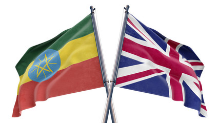3d rendered illustration of United Kingdom Uk and Ethiopia Relationship flag with white background