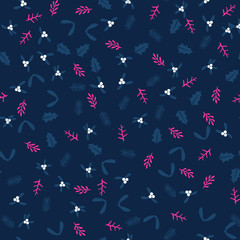 Winter Christmas seamless pattern background with wild forest berries and leaves retro style vector design