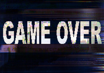 Game over message. Distorted screen. Dark static noise pattern overlay.
