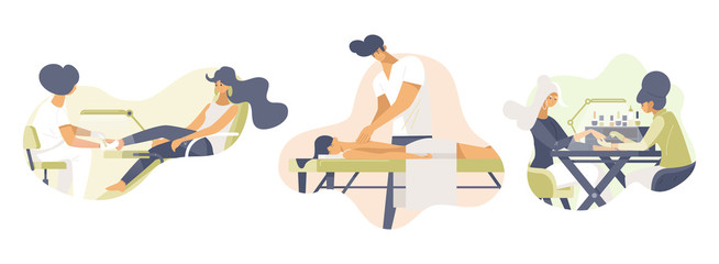 Beauty services flat vector illustrations set. Spa salon employees and customers cartoon characters. Professional pedicure, massage and manicure, skin care procedures isolated on white background